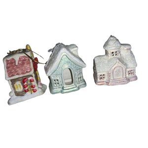 3 Ceramic House Church Christmas Ornaments